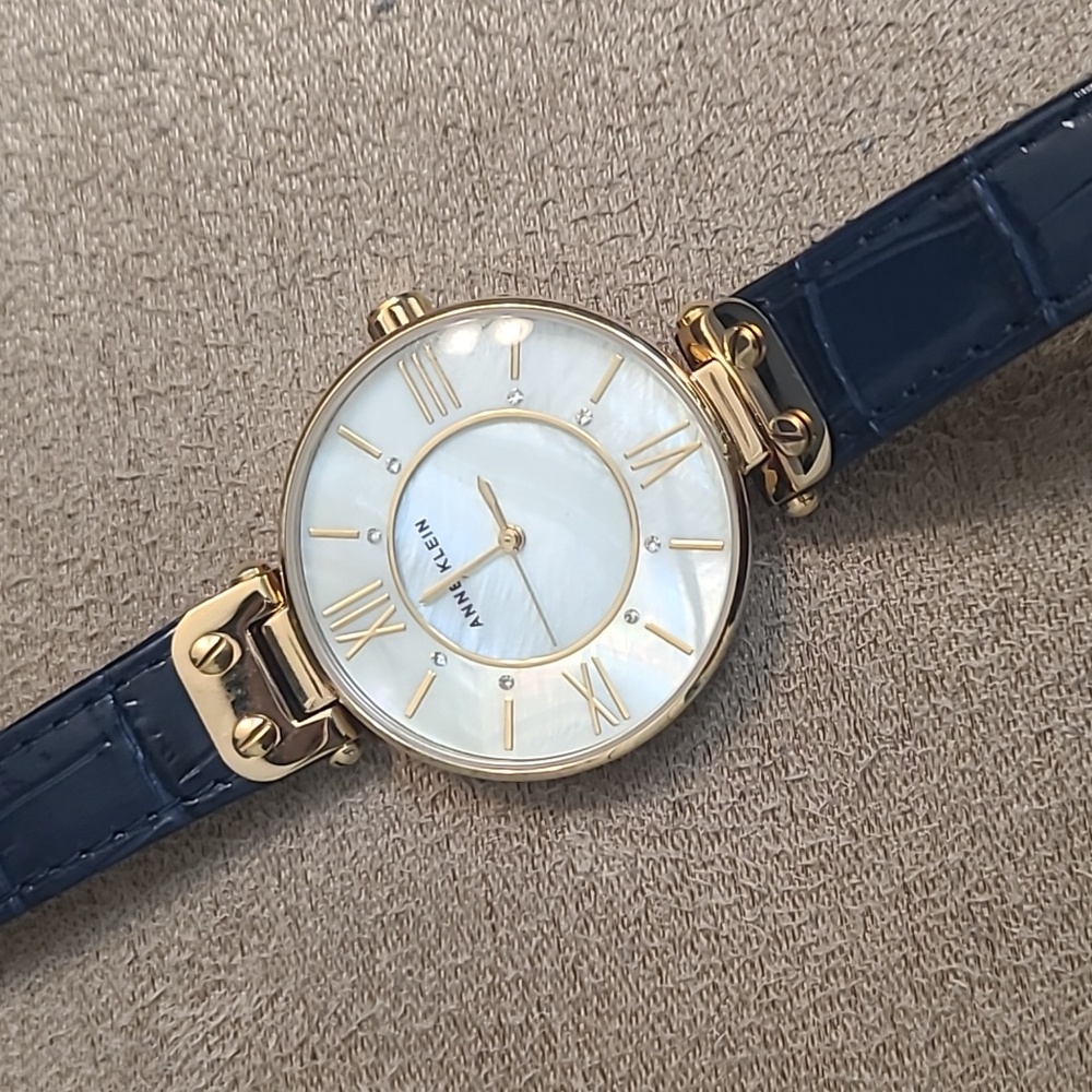 Anne Klein Navy Blue Leather Strap Gold-Tone Case Mother-of-Pearl Dial Watch